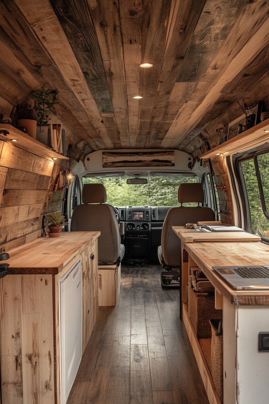 Converted van. Wooden interior, inbuilt desk, panoramic window views.