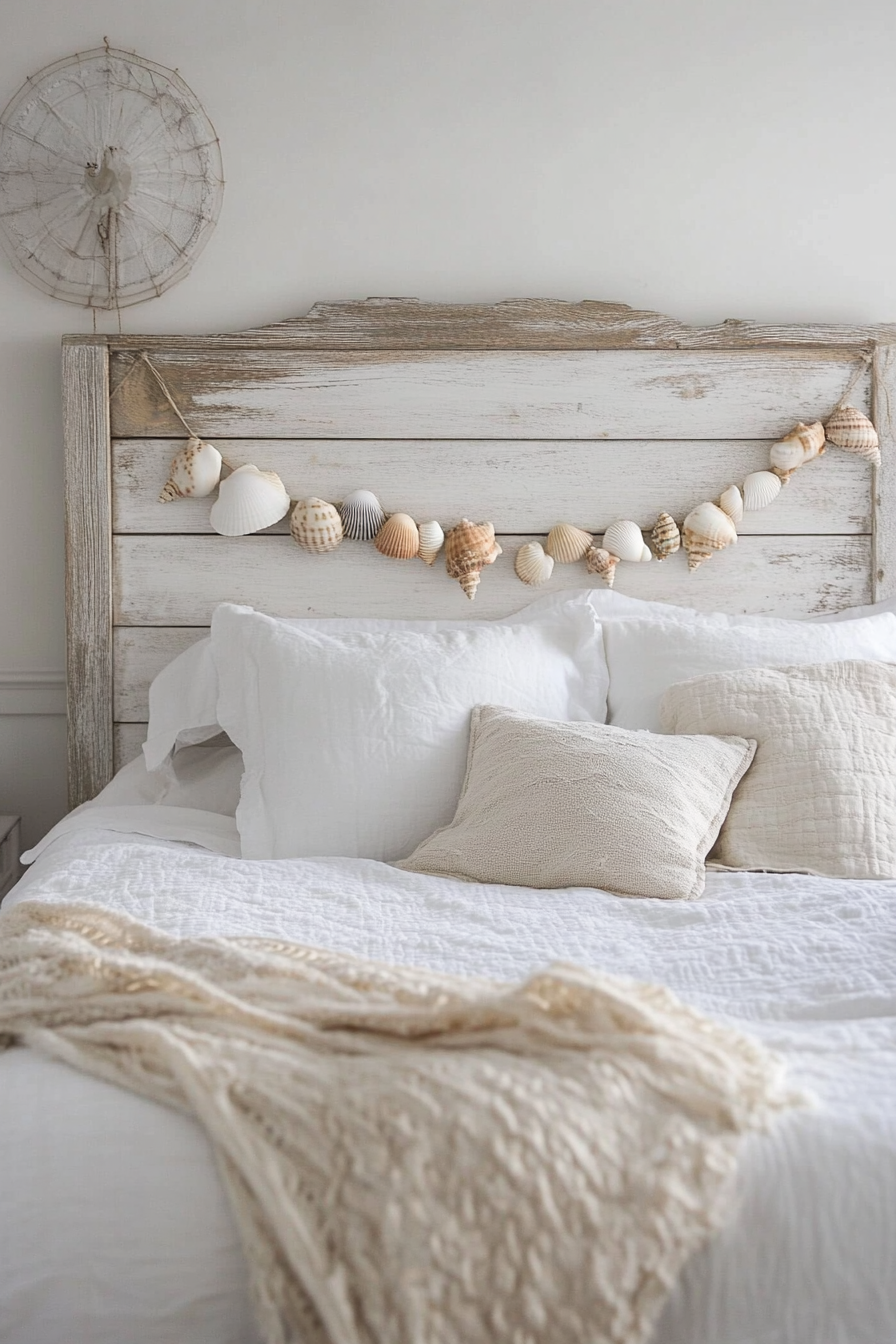 Coastal bedroom. Whitewashed wooden headboard with seashell garland.