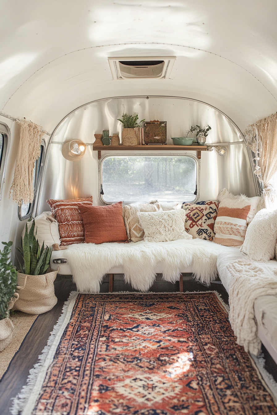 Before-and-after scene. Vintage airstream camper into cozy bohemian retreat.