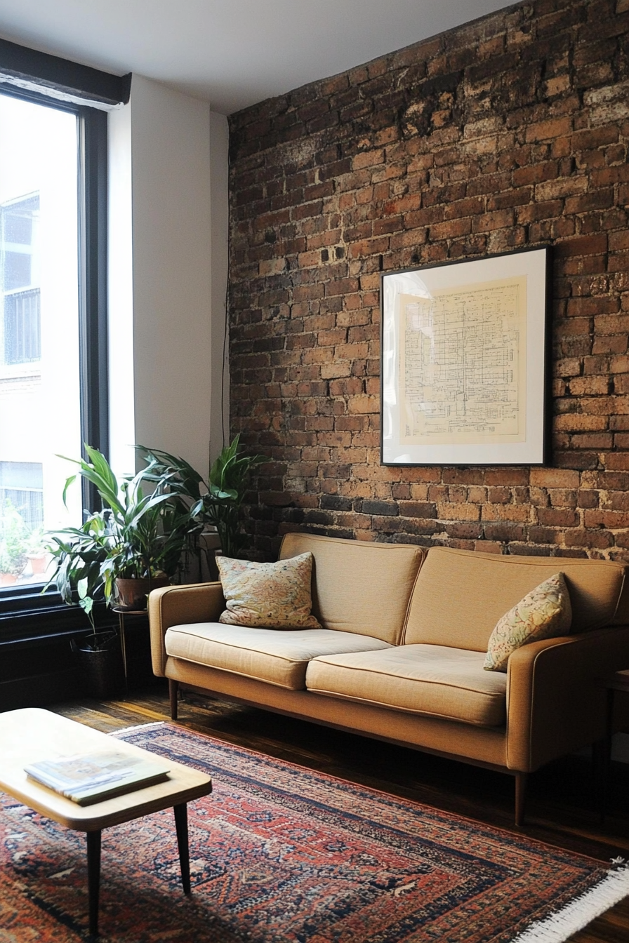 Urban tiny living room. Brick wall with minimalist, warm-colored furniture.