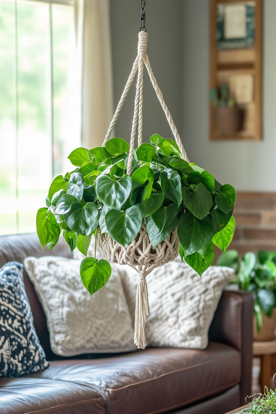 Boho Living Room. Hanging macrame planter with a large, leafy green plant.