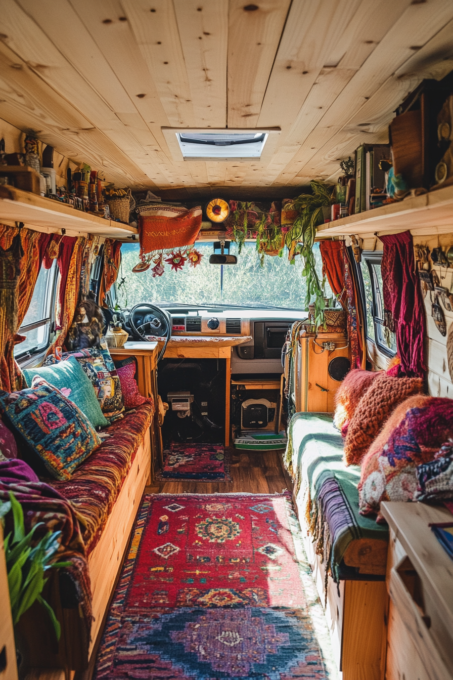 Hippie camper van. Boho interior with compact maple-sided tiny home office.