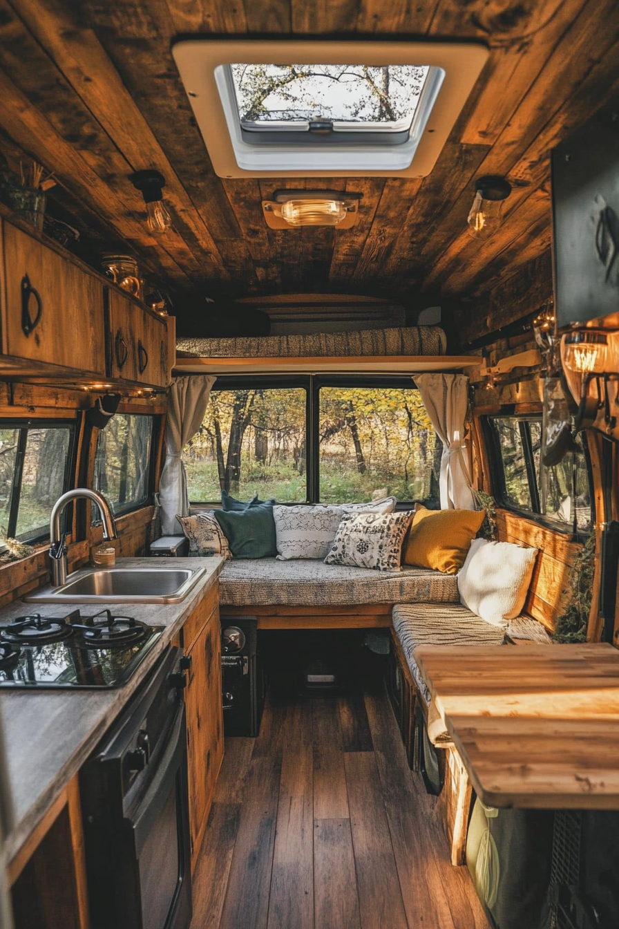 Splitted image. Quaint tiny house camper interior, rustic woodland exterior.