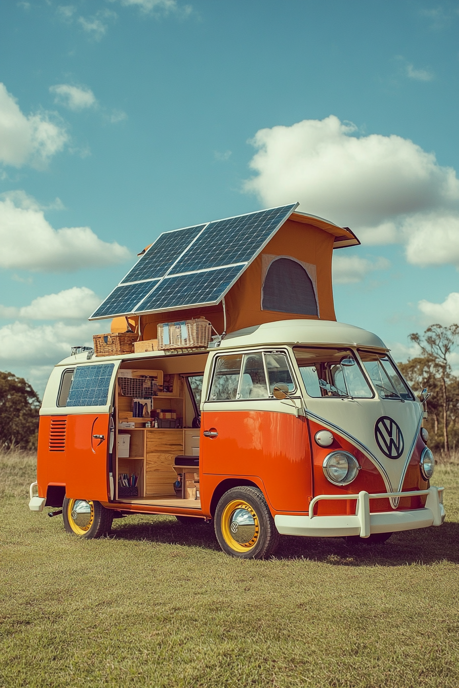 Camper van. Vintage Volkswagen van with minimalist office setup and rooftop solar panels.