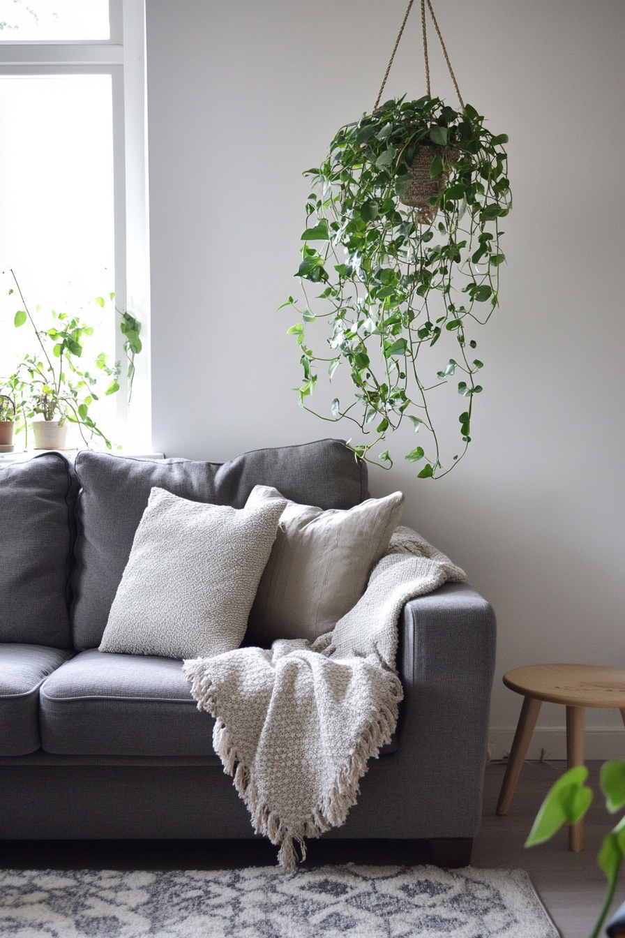 Living room inspiration. Hanging plants next to a grey sleeper sofa.