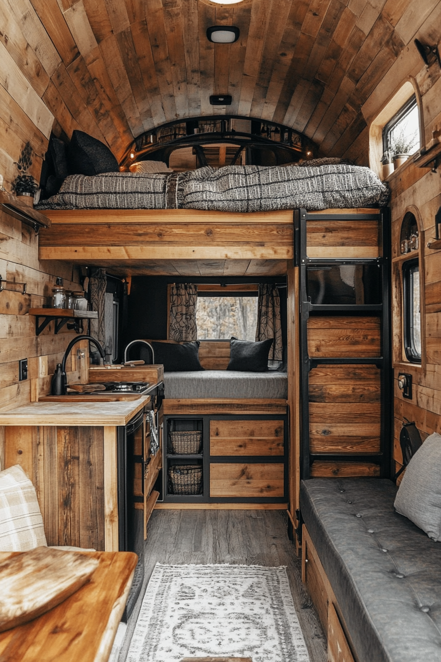 Tiny house camper interior and exterior. Split view incorporating wood paneling.