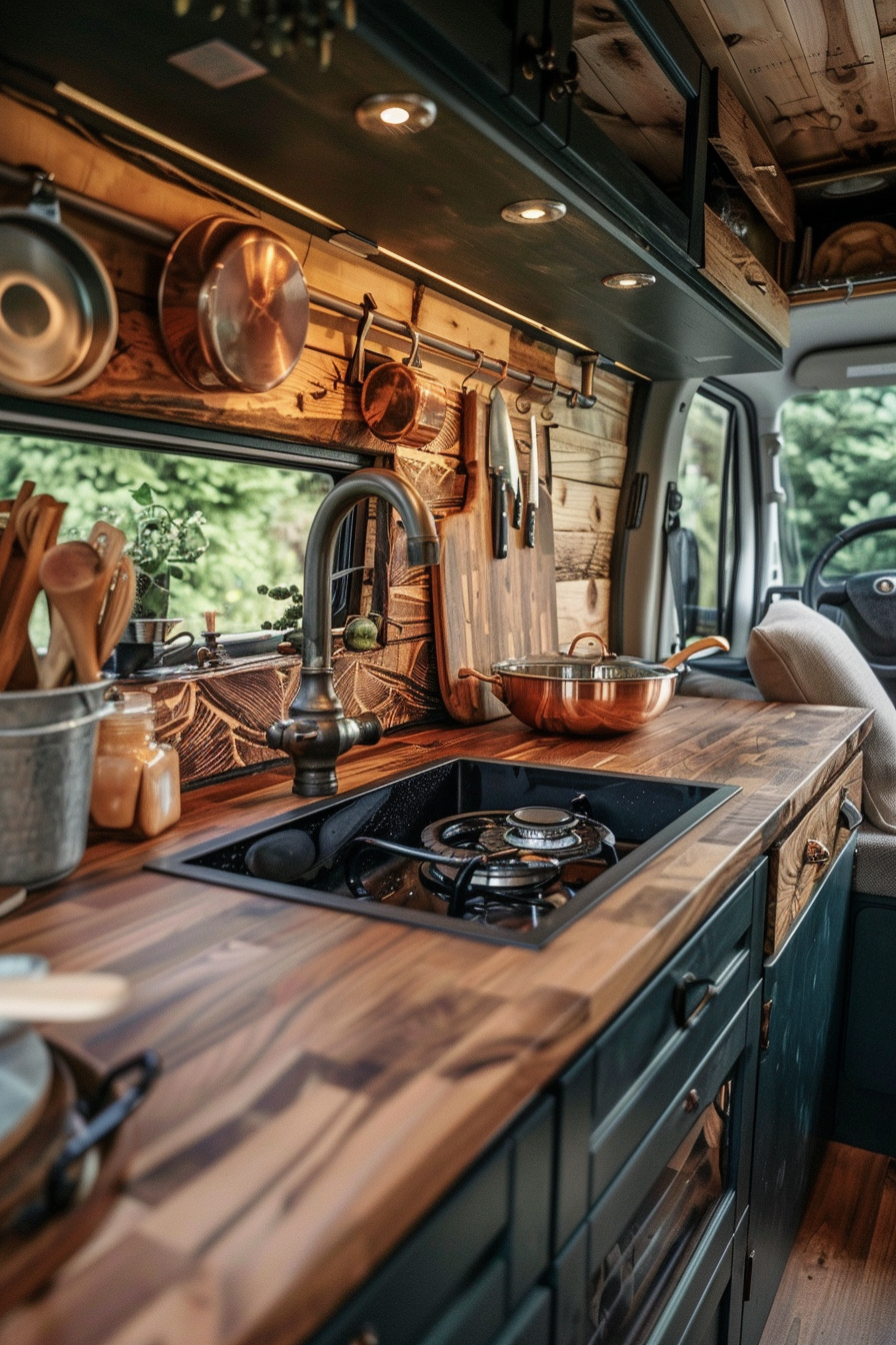 Camper van kitchen. Wooden countertops and copper pans.