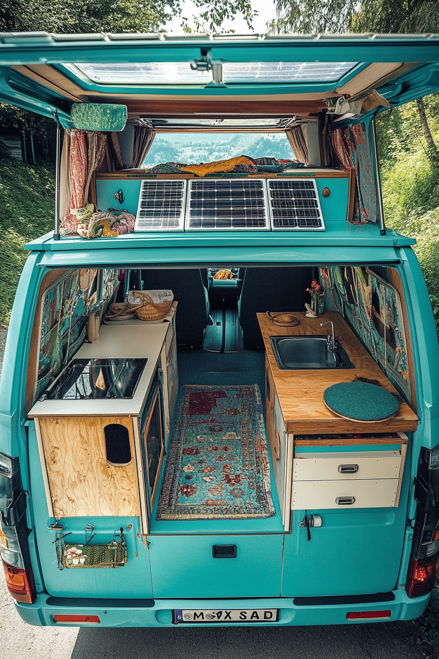 Hippie camper van. Turquoise exterior with rooftop solar panels and built-in desk space.