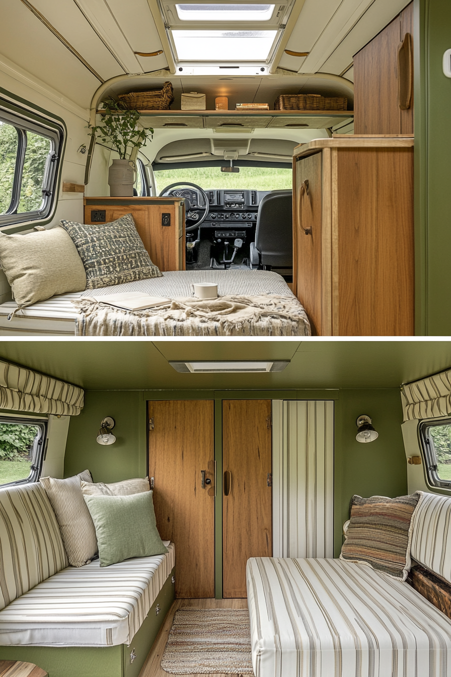 Before-and-after scene. Olive green camper with beige classic stripe makeover into modern loft interior.