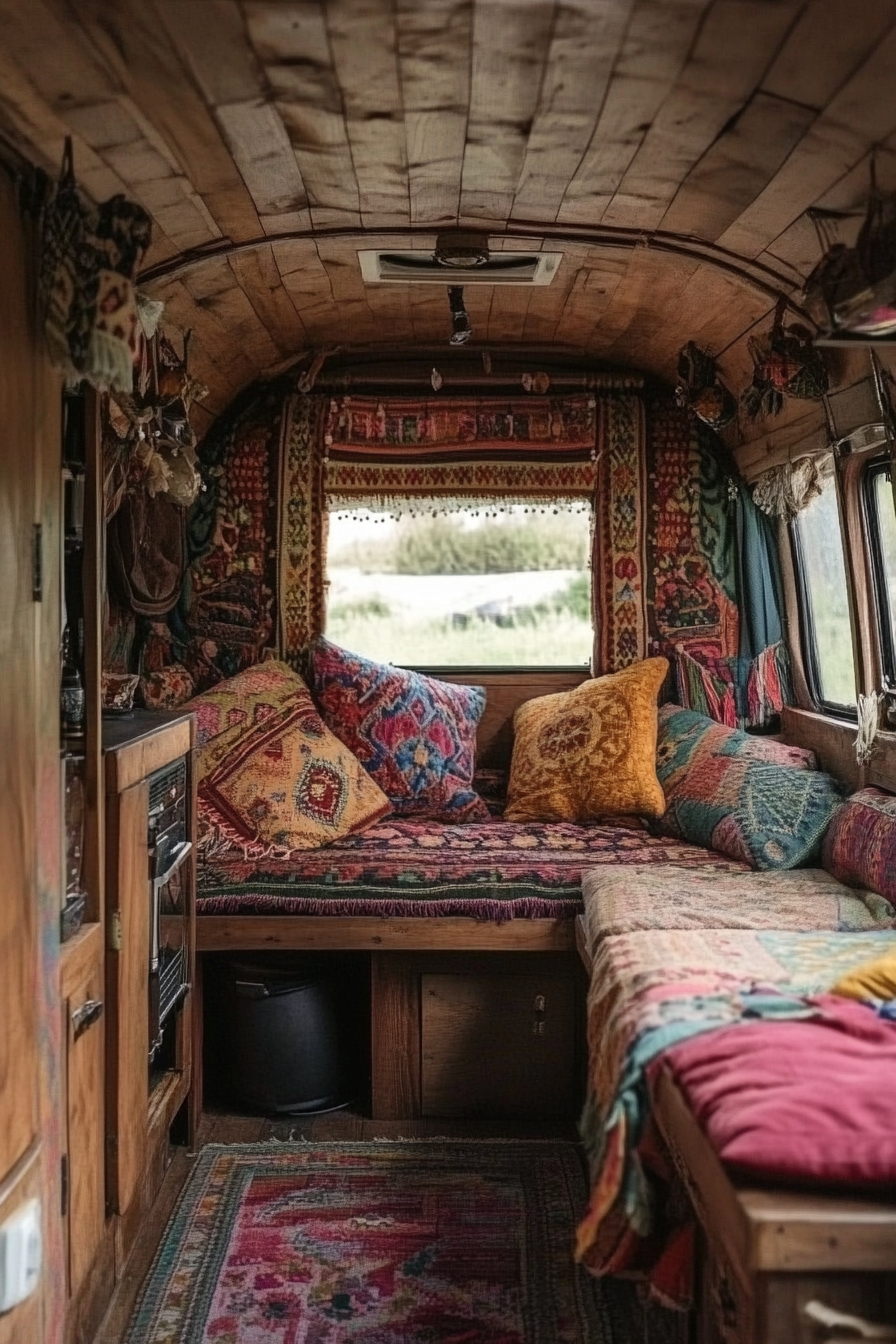 Camper interior. Rustic wood with multicolored Moroccan-style cushions and tapestries.