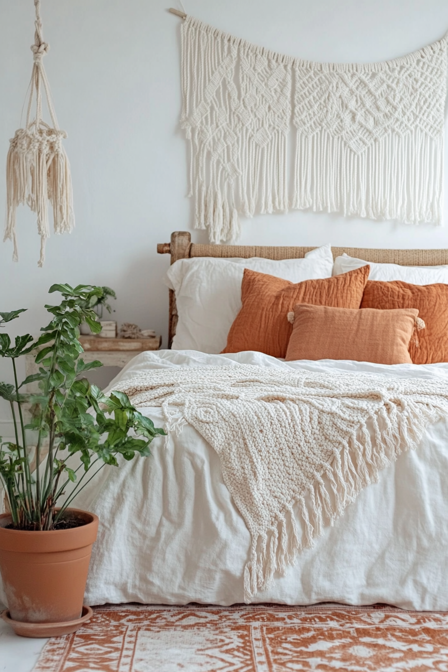 Boho bedroom. Cream macramé hangings, terra-cotta potted fern, neutral tones bedding.