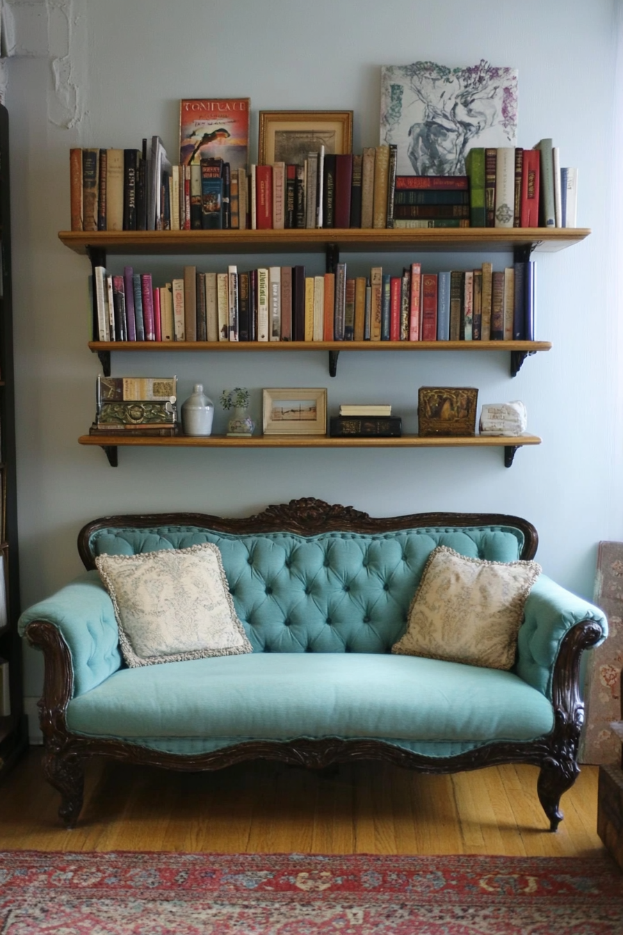 Living room inspiration. Aqua blue love seat with wall-mounted bookshelf.