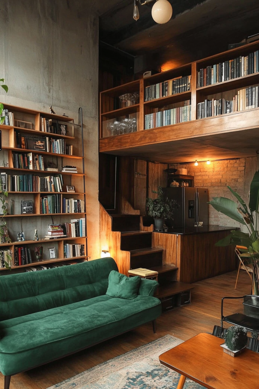 Urban tiny living room. Bookshelf stacked walls, emerald sofa, open loft space