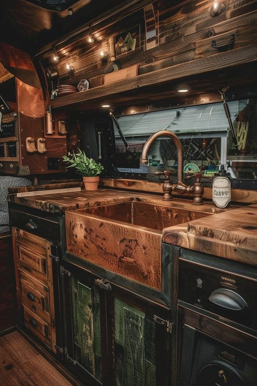 Camper van kitchen. Reclaimed wood cabinets with copper sink.