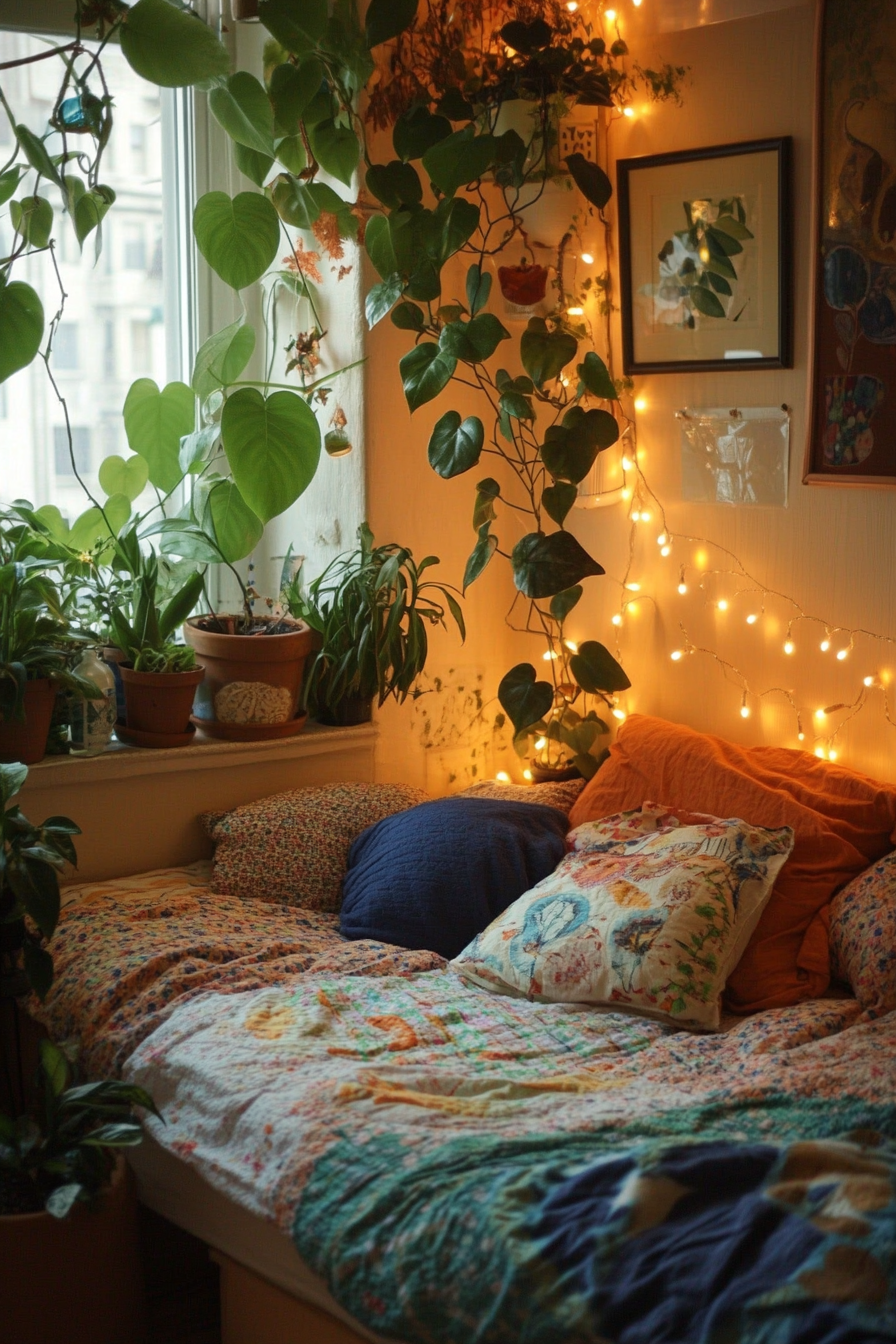 Bohemian whimsical bedroom. Green houseplants under twinkling fairy lights.