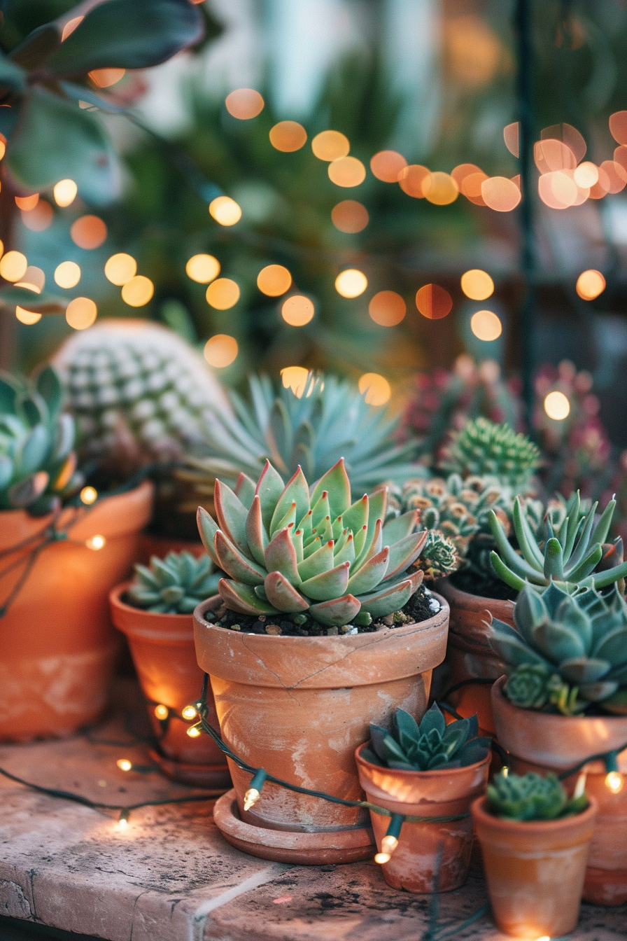 Chic boho patio. Fairy lights weaving through succulent-filled terracotta pots.