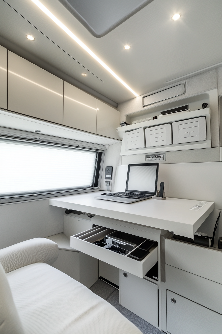 Mobile office in RV. Clean, white interior with hidden storage compartments.