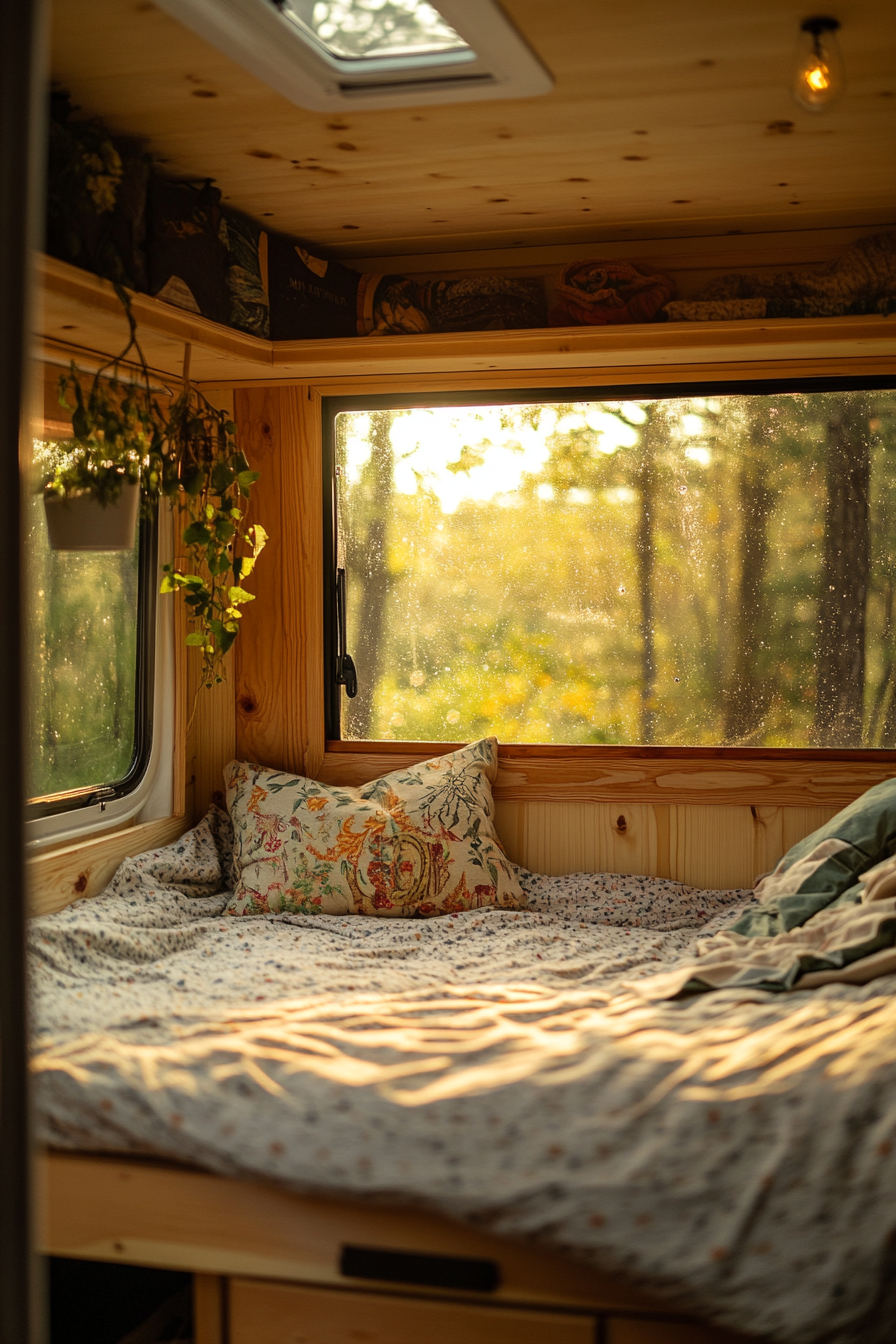 Tiny House Camper. Sunlit inside, rain falling outside.