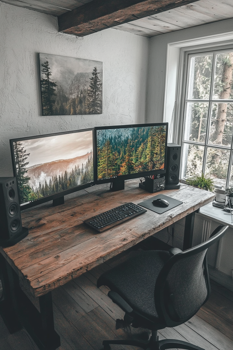 Remote work setup. Rustic wooden desk with dual monitors in a whitewashed room.