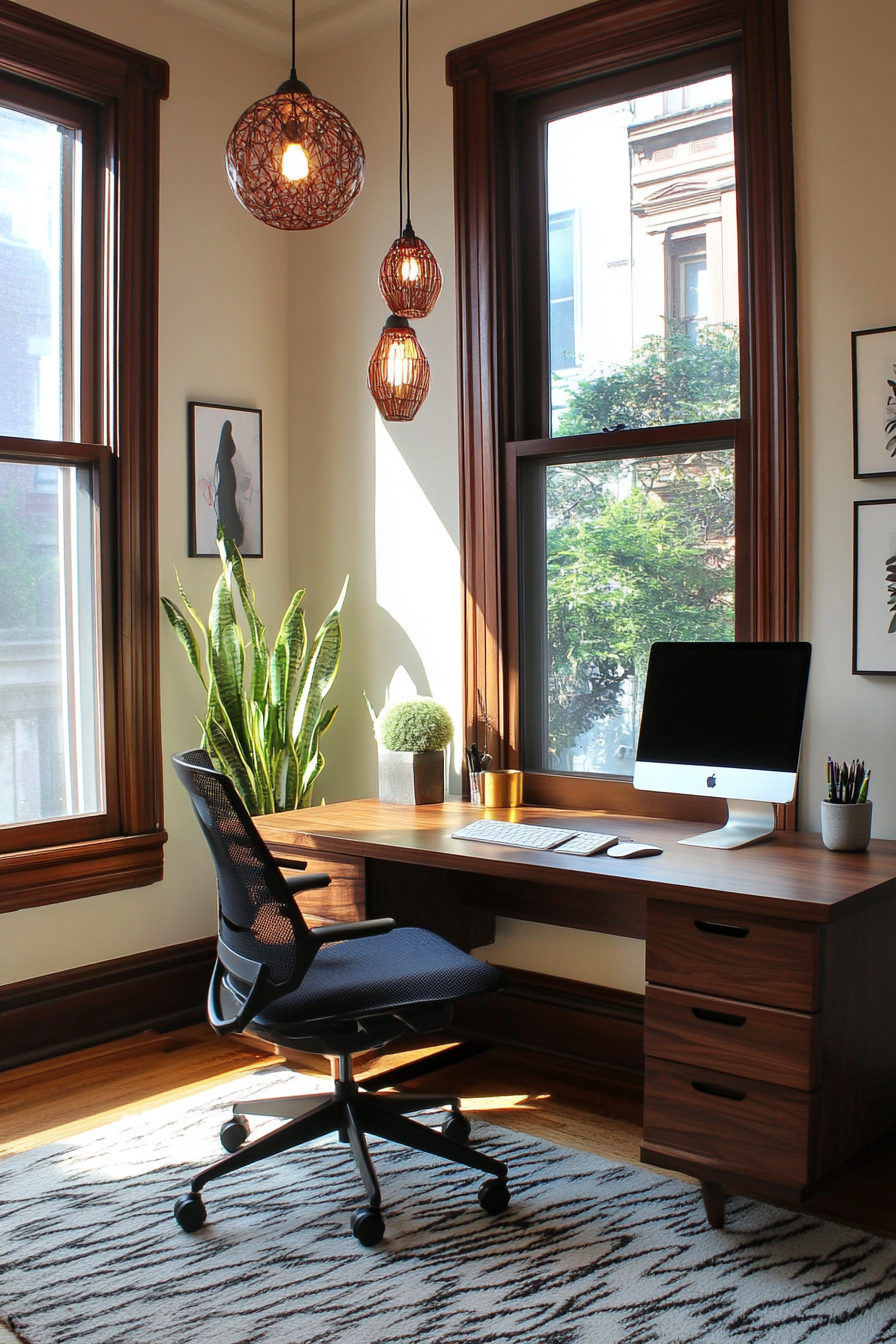 Home office inspiration. Walnut desk partnered with a black ergonomic chair.