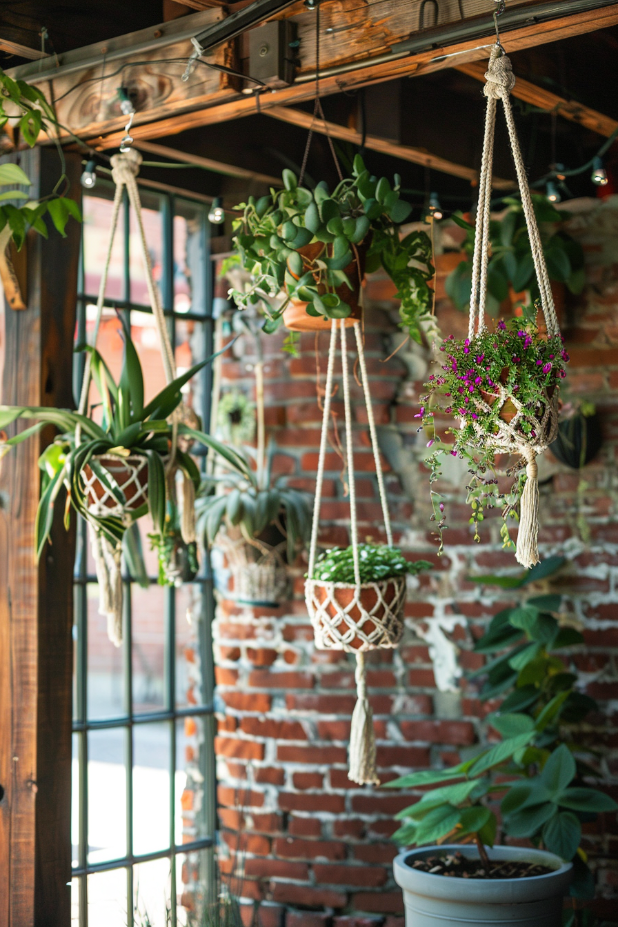 Chic Boho Patio. Hanging macrame planters against exposed brick wall.