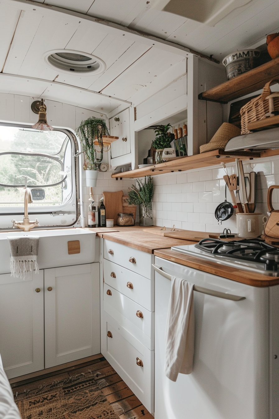 Camper van kitchen. Wooden countertops, retro refrigerator, white-painted vintage cupboards.