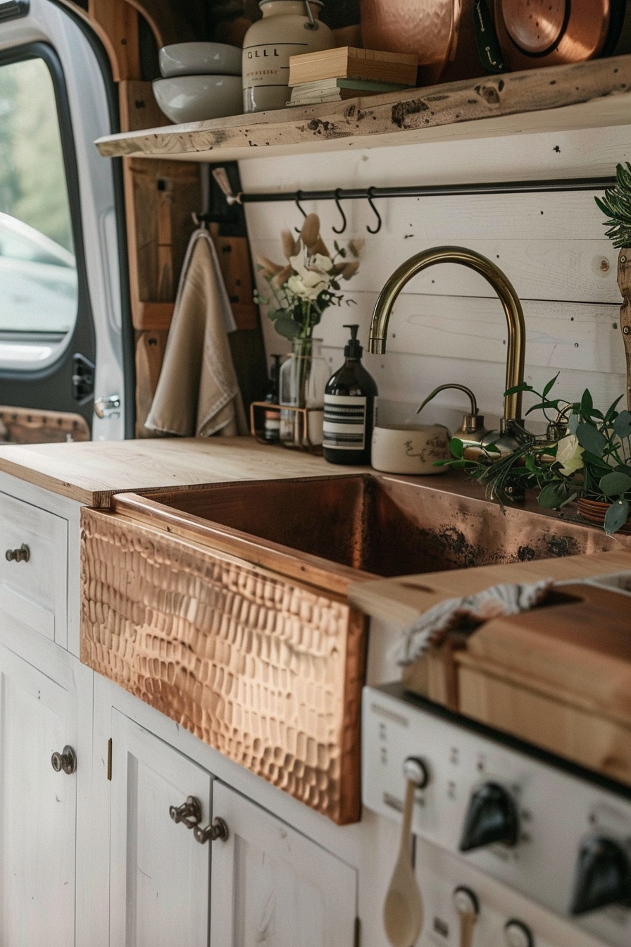 Rustic camper van kitchen. Bamboo countertop with copper sink.