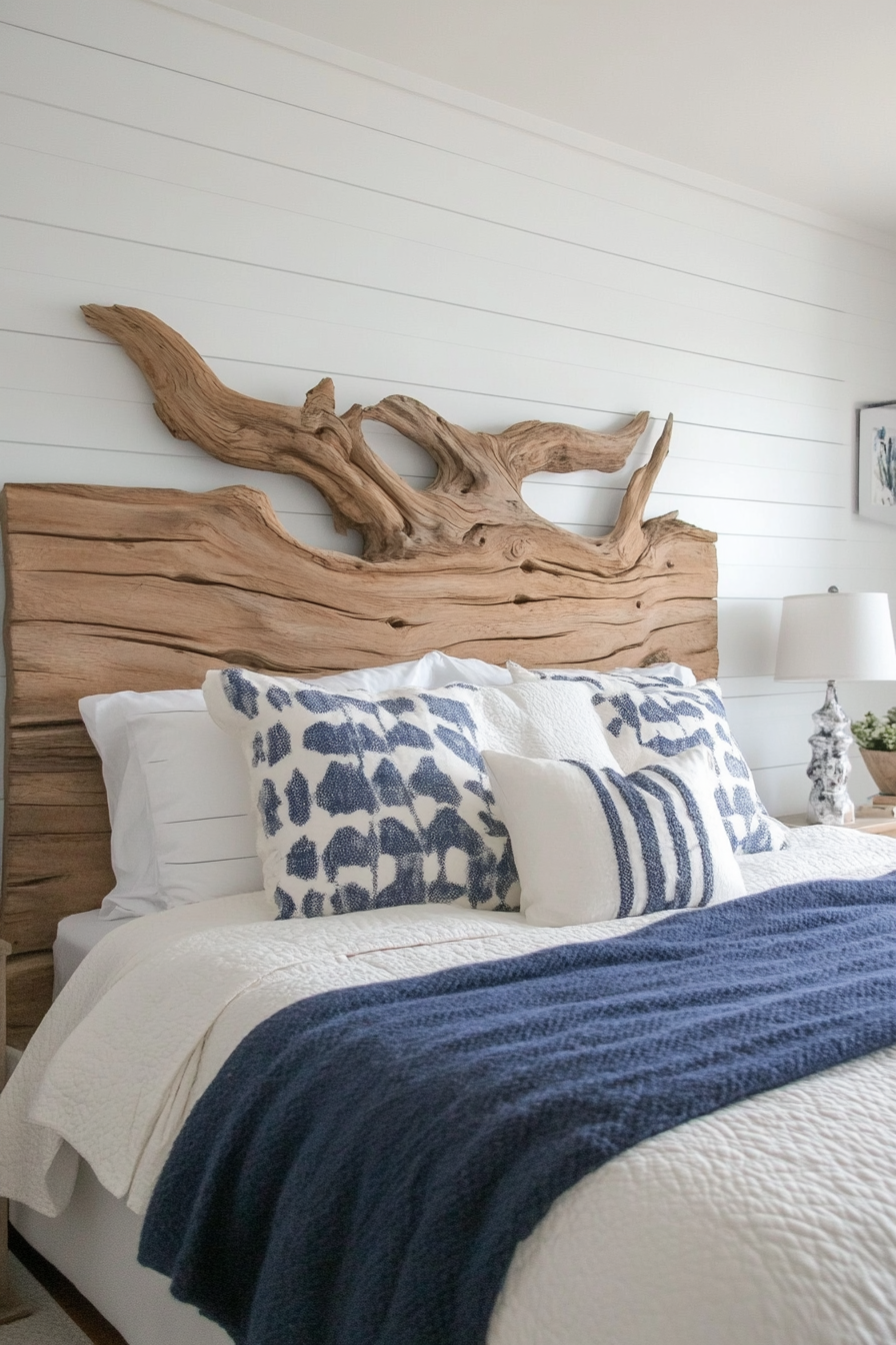 Coastal bedroom. Driftwood headboard with navy wool throw.