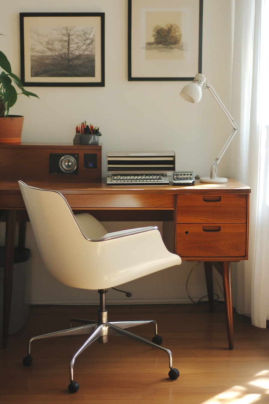 Mid-century modern home office. White Eames-style chair by a teak desk.