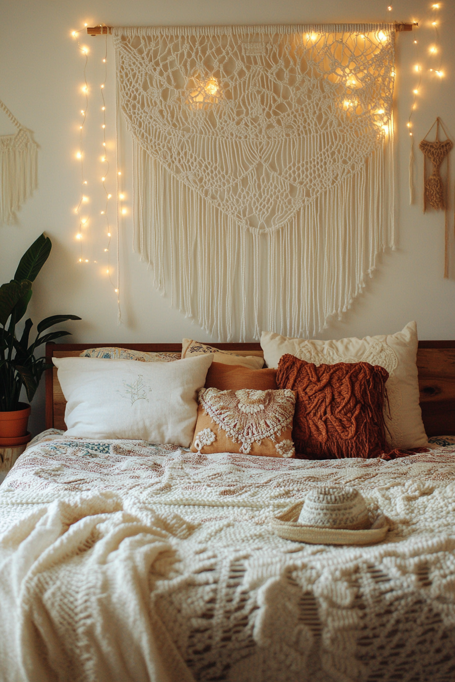 Boho whimsical bedroom. Macrame wall hangings with warm fairy lights.