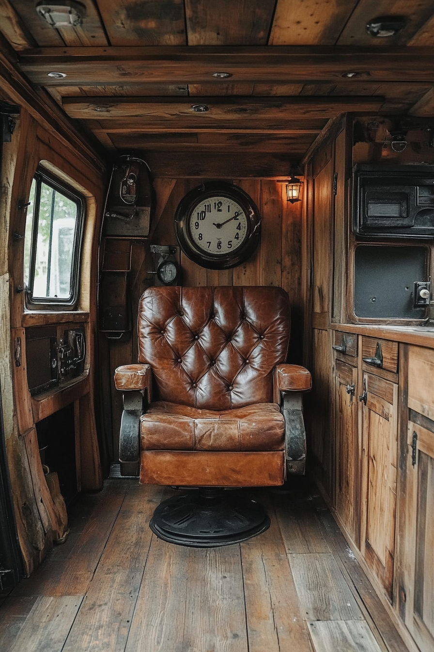 Camper Van. Antiqued leather captain seat with salvaged wood cabinets.