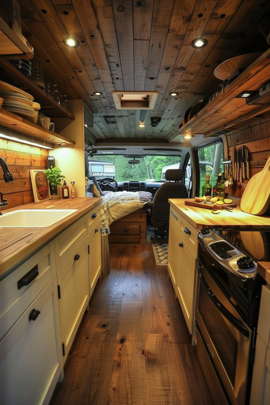 Camper Van Kitchen. Wooden counters matching backsplashed dark hardwood flooring.