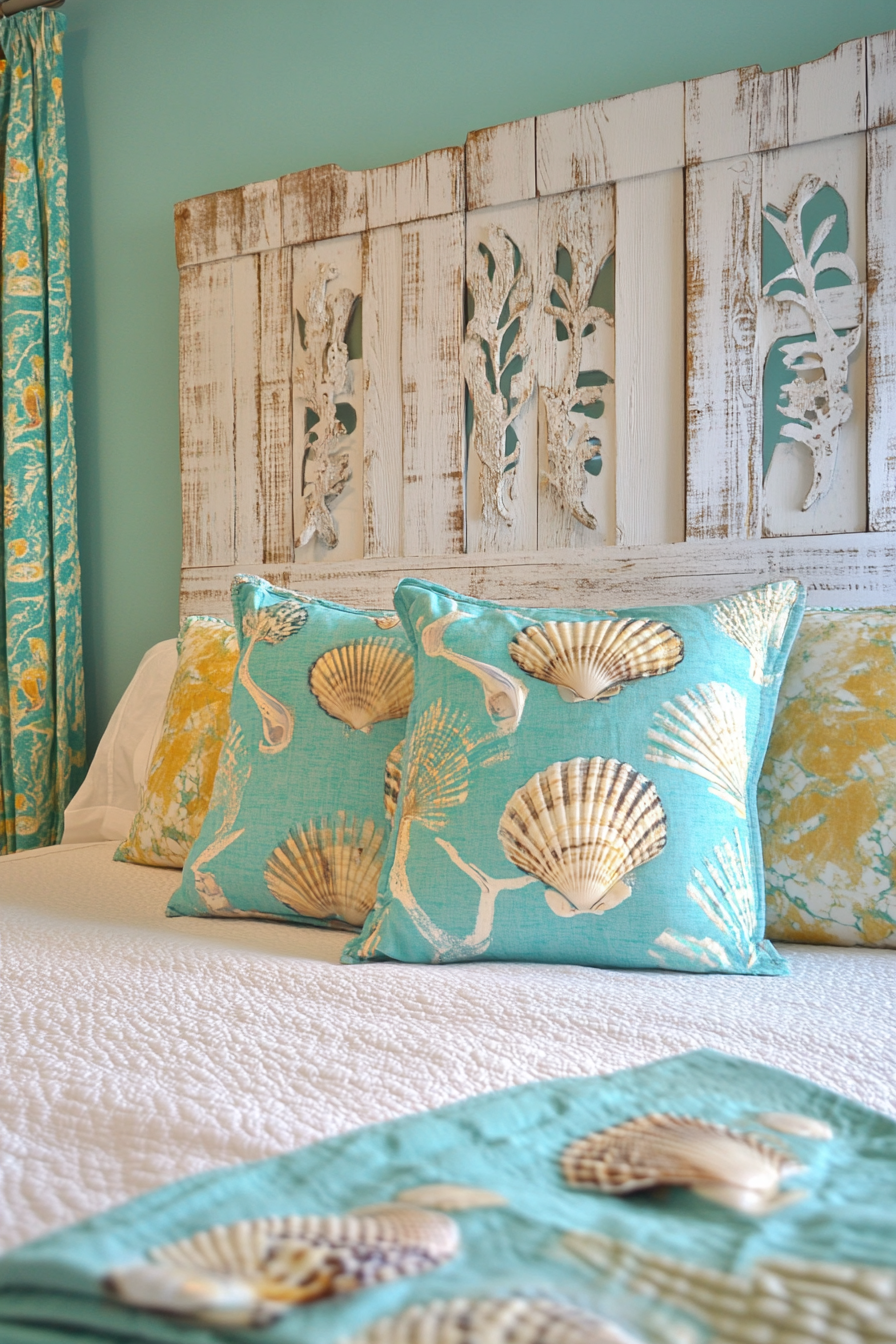 Coastal bedroom. Turquoise color scheme with seashell print curtains and DIY driftwood headboard.