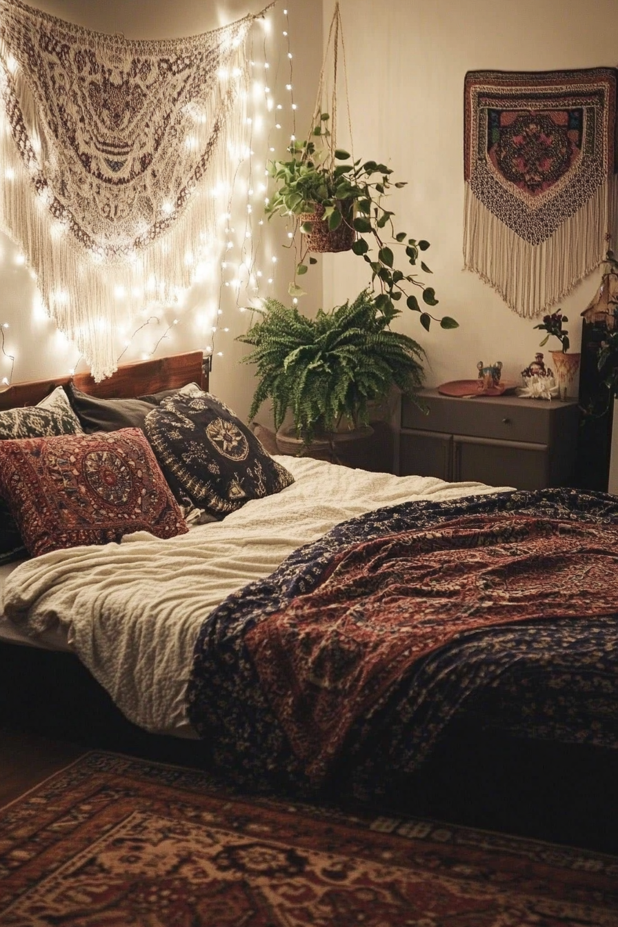 Bedroom. Layered oriental rugs, suspended fairy lights, potted ferns, and a macrame wall hanging.