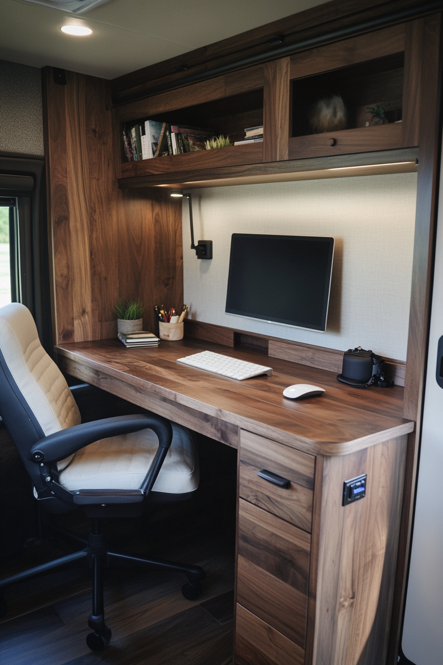 Mobile office space within an RV. Walnut desk with built-in storage.