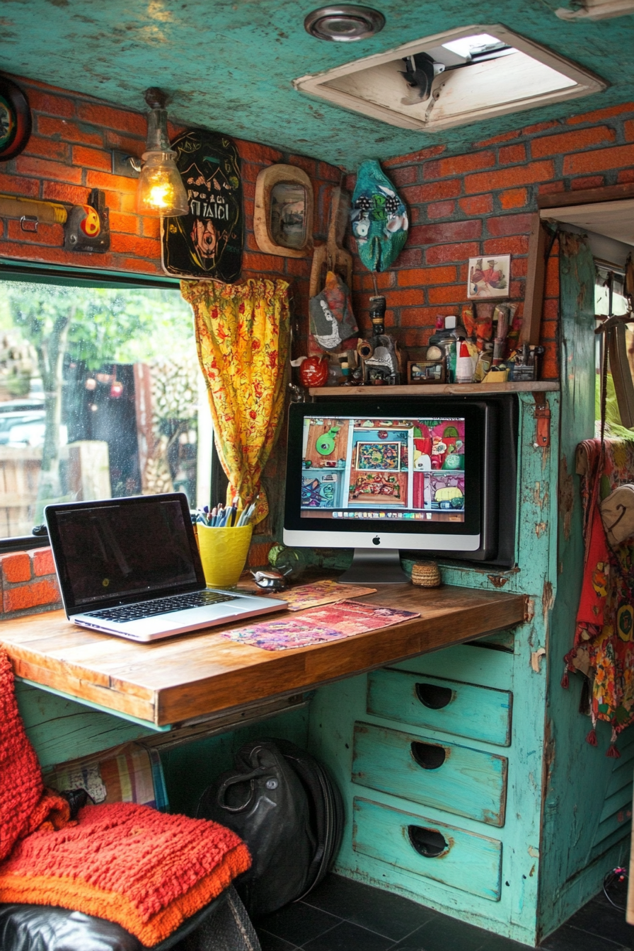 Hippie camper van. Exposed brick finish mini desk with pop-up computer screen.