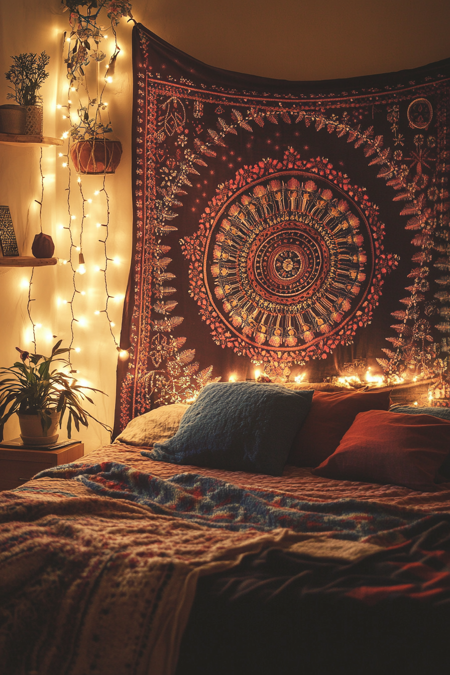 Bedroom. Bohemian style, fairy lights draped around an embroidered tapestry.