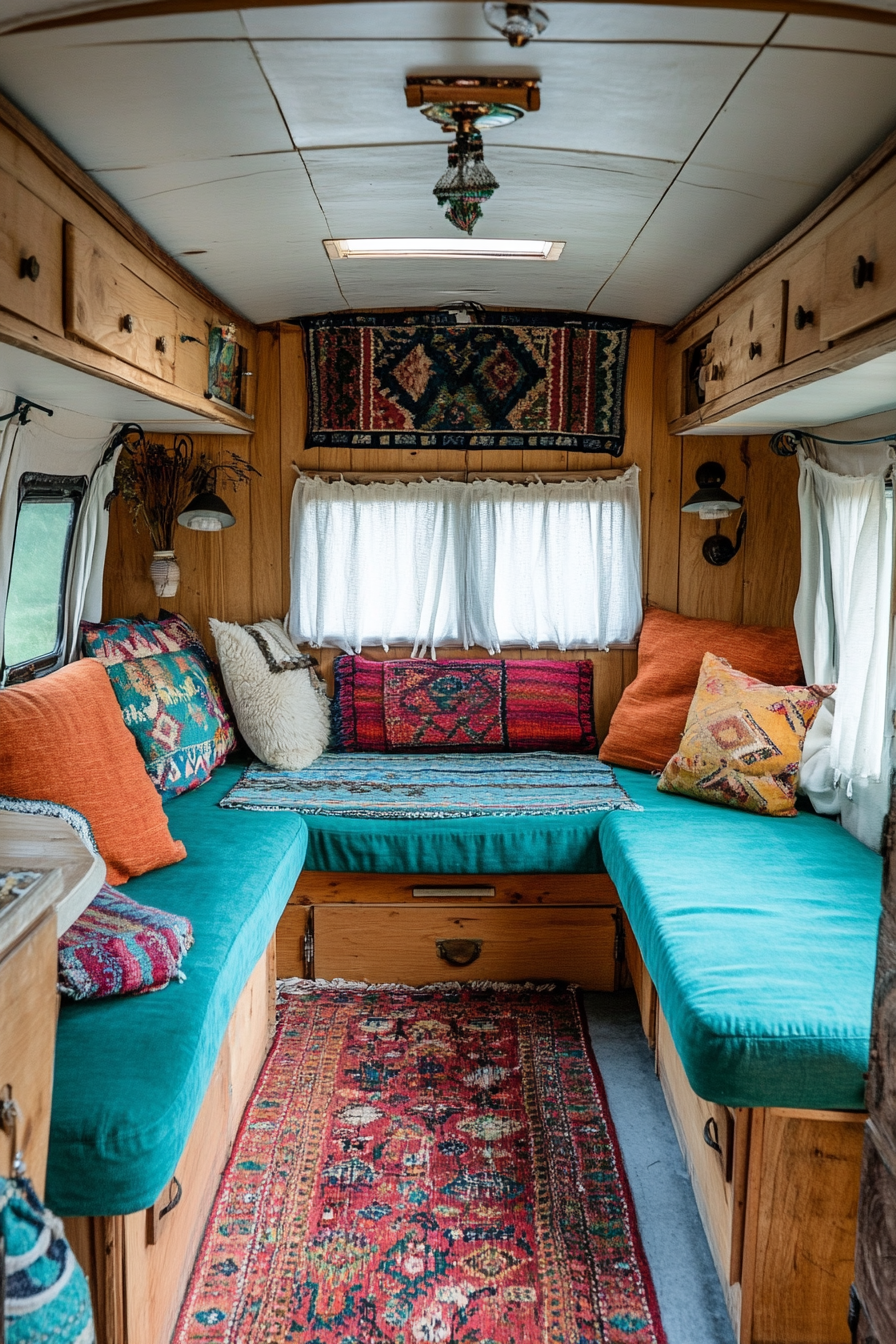 Camper interior. Turquoise upholstery, Moroccan rugs, and wooden bead decor.