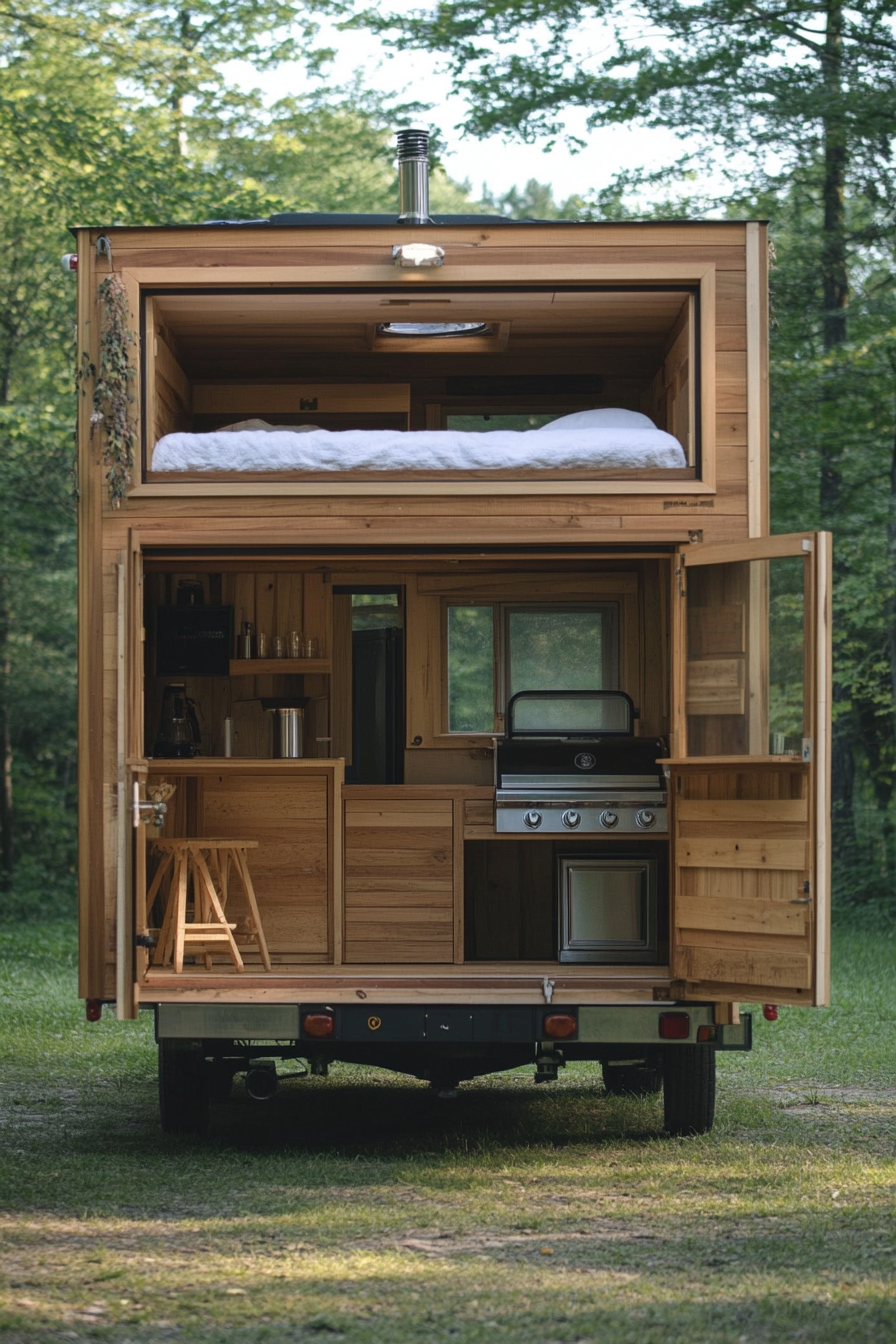 Tiny house camper. Inside: lofted bed, outside: grilled patio.