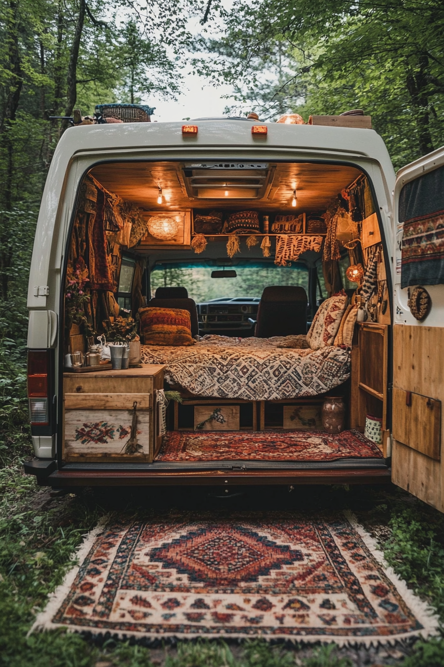 Boho-Luxe Camper van. Adorned with Moroccan patterned rug and cherry wood accents.