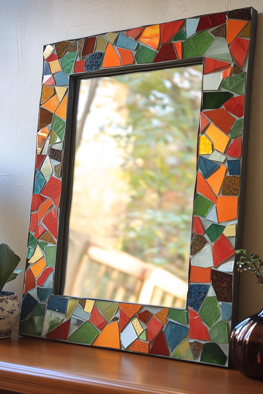 DIY wall decor. Multi-colored mosaic mirror frame.