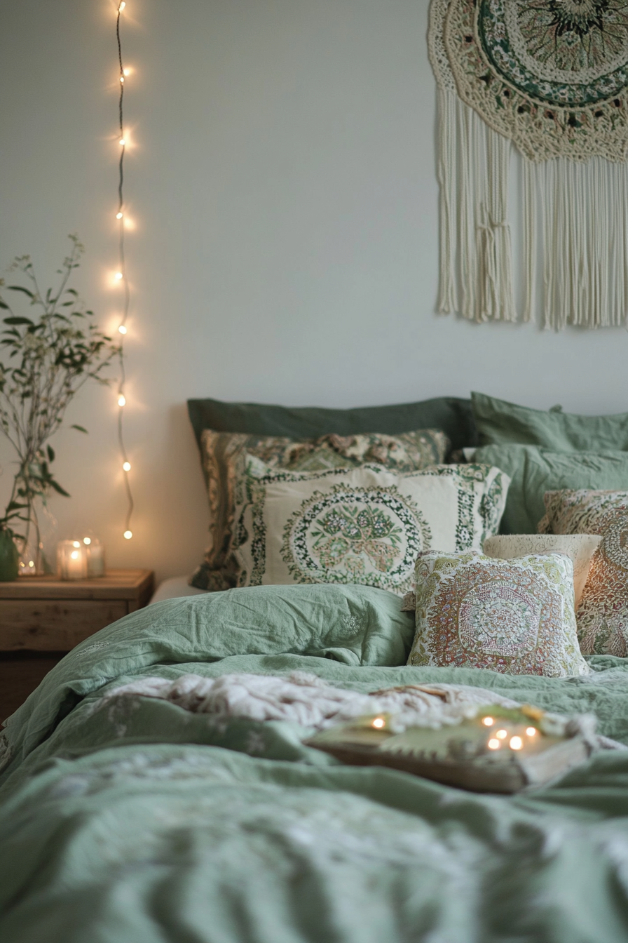 Boho whimsical bedroom. Sage green bedding with white fairy lights.