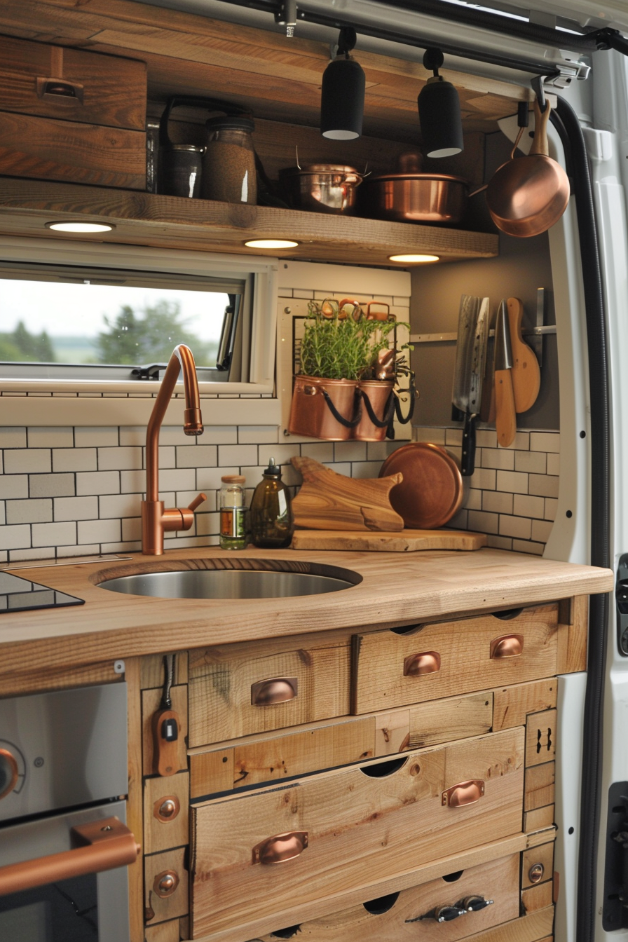 Camper van kitchen. Oak wood cabinets with copper handles.