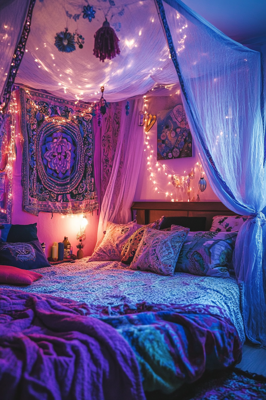 Boho whimsical bedroom. Canopy bed with draped fairy lights.