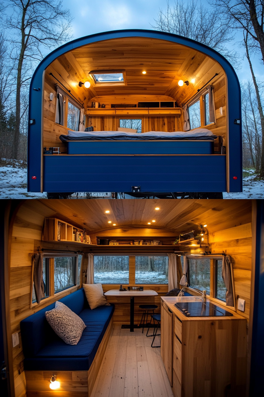 Tiny House Camper. Vertical split image: wood-paneled interior, blue exterior under evening sky.