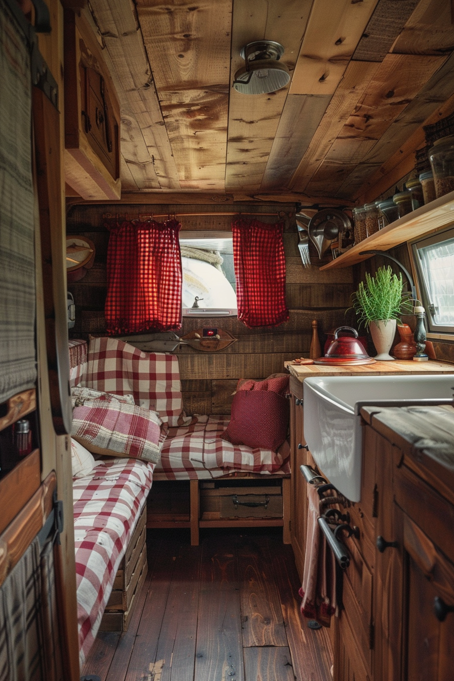 Rustic camper van kitchen. Wooden surfaces and red gingham curtains.