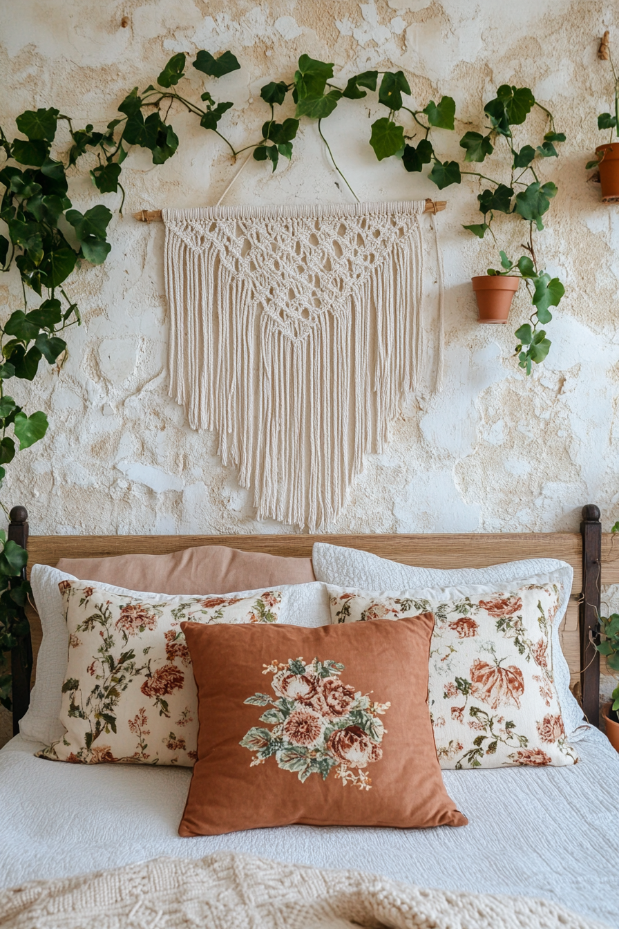 Boho bedroom view. Beige macrame wall hanging, ivy plants and terracotta accents.