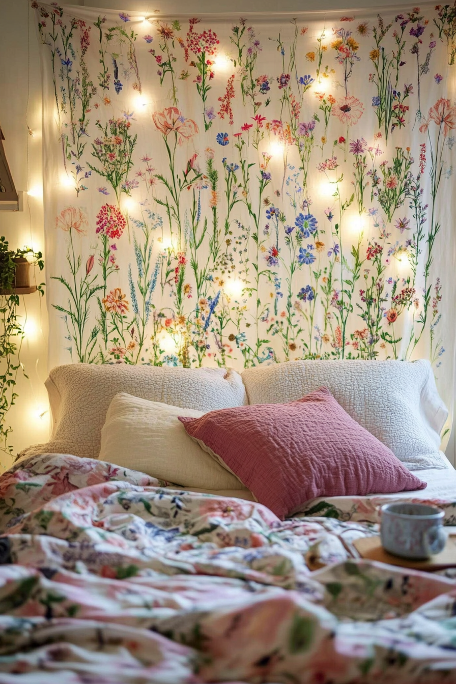 Boho whimsical bedroom. Hanging fairy lights with pastel wildflower tapestry.