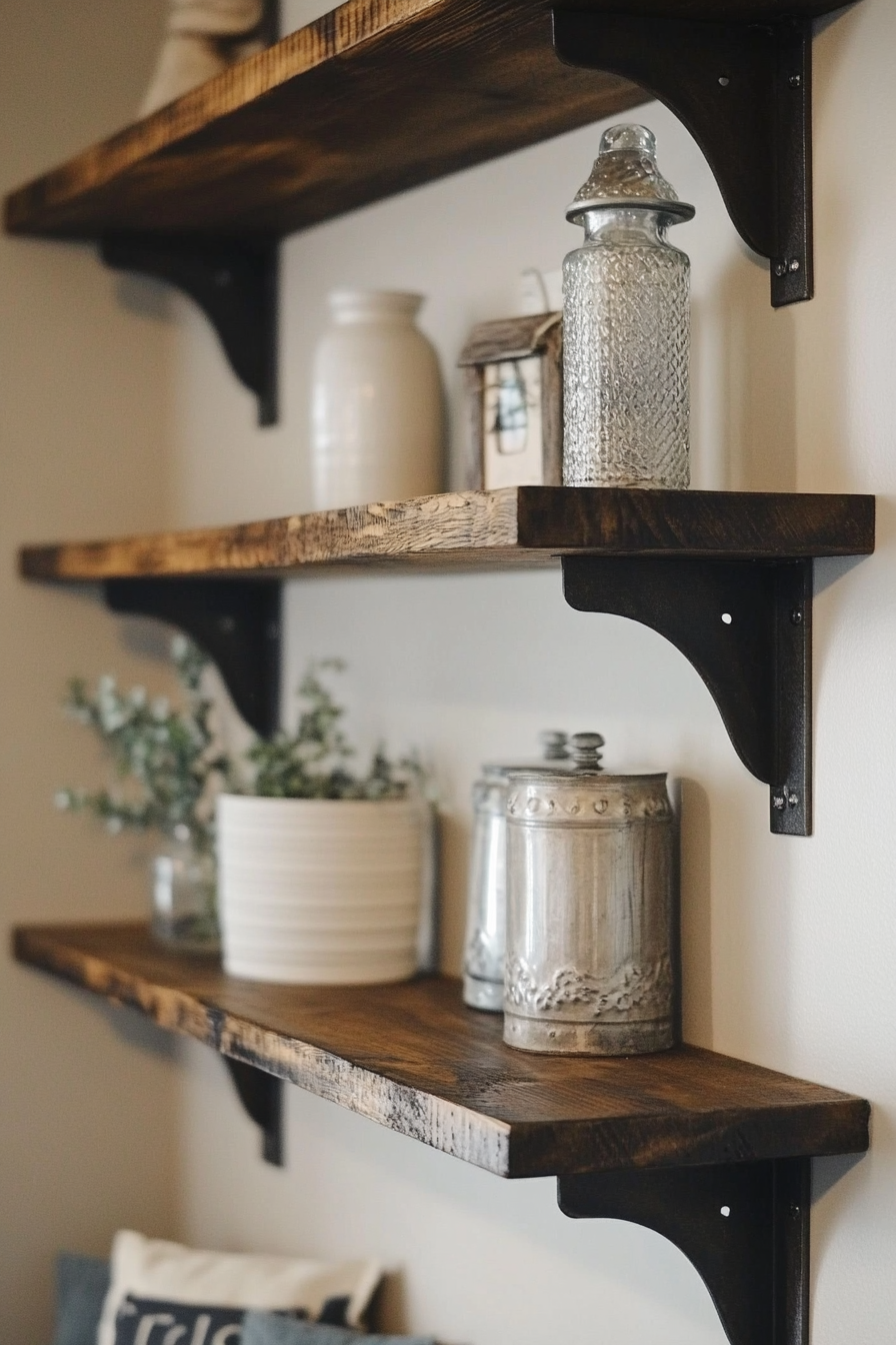 DIY Wall Decor. Rustic shelving with dark wood and iron brackets.