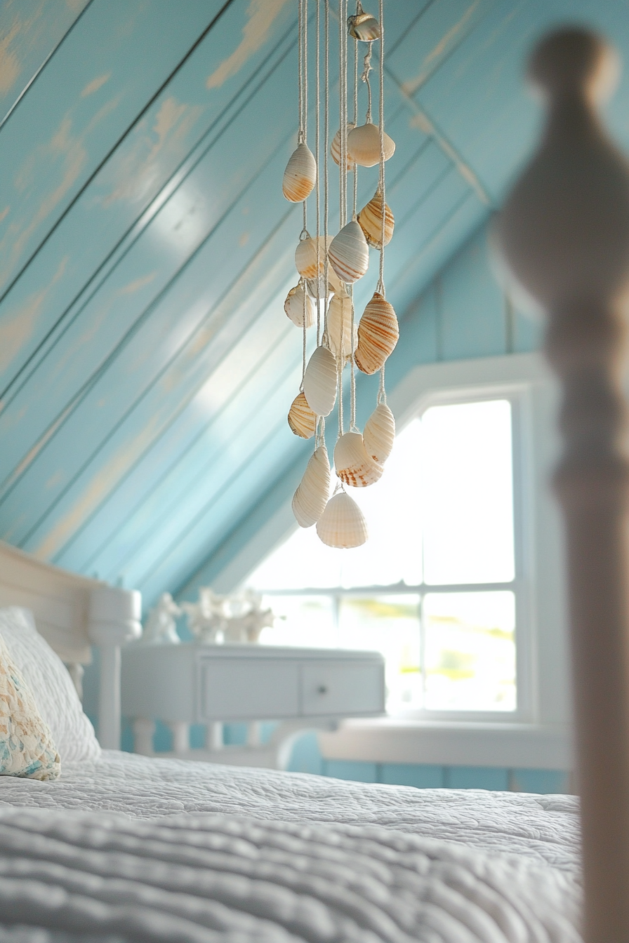 Coastal bedroom. Homemade seashell mobile hanging from a sky-blue painted ceiling.